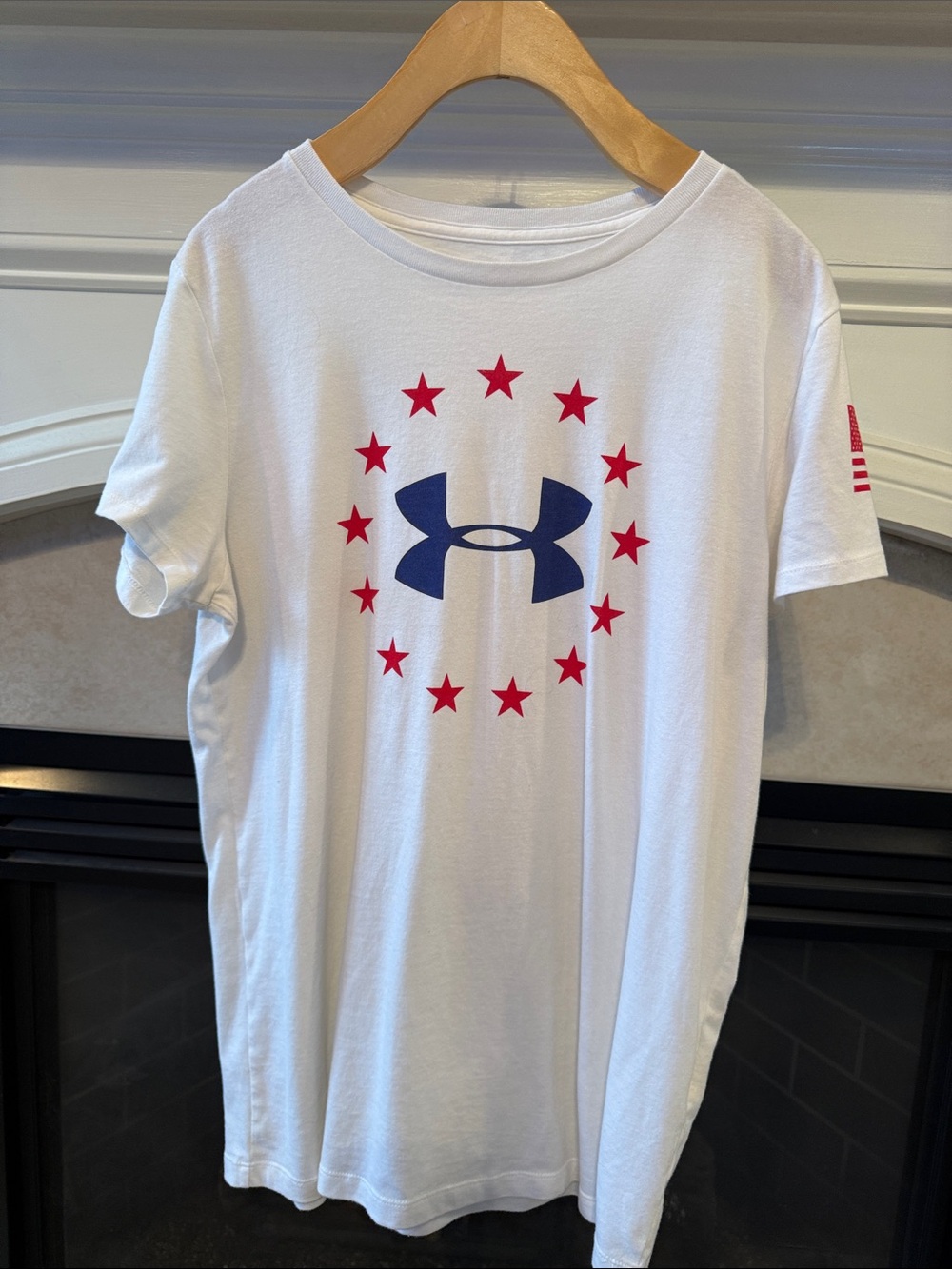 Under Armour White Short Sleeve Tee with Blue Logo and Red Stars
